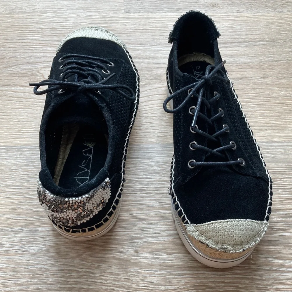 Black laser cut suede espadrille sneakers with embellishment